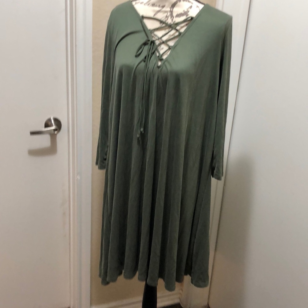 Trendy Olive Green Lace Up Knit Dress